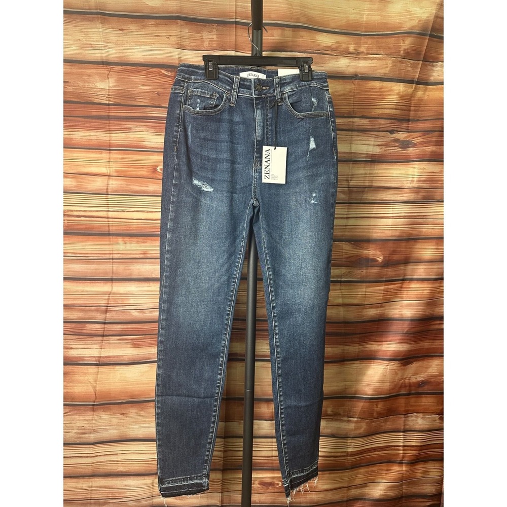 Zenana Women Dark Wash Distressed High Rise Skinny Jeans DTP-1780DD Size 29 - Picture 2 of 7
